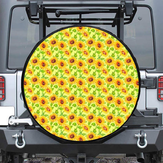 Beige Watercolor Sunflower Pattern Print Tire Cover