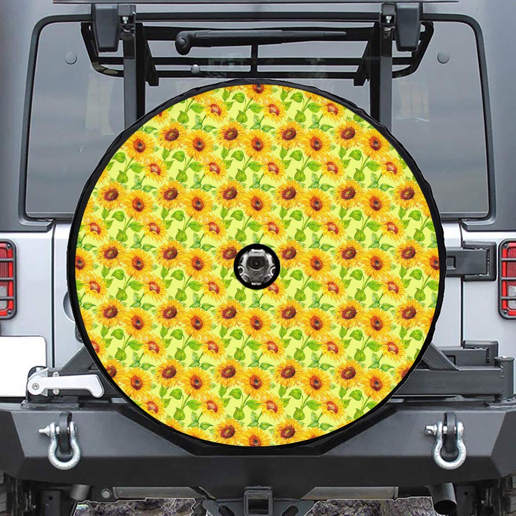 Beige Watercolor Sunflower Pattern Print Tire Cover With Camera Hole