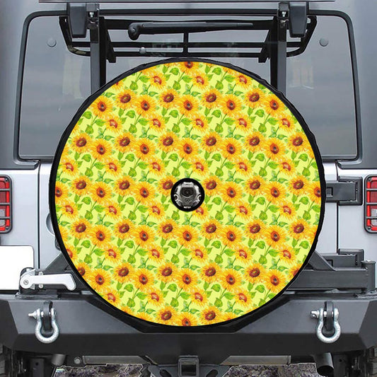 Beige Watercolor Sunflower Pattern Print Tire Cover With Camera Hole