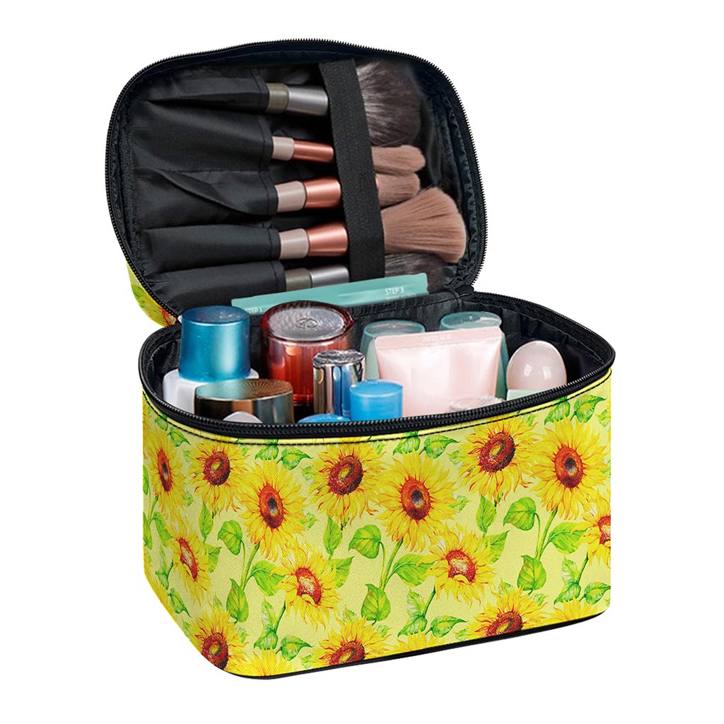 Beige Watercolor Sunflower Pattern Print Travel Makeup Bag