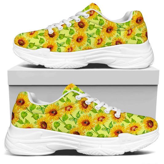 Beige Watercolor Sunflower Pattern Print White Chunky Shoes