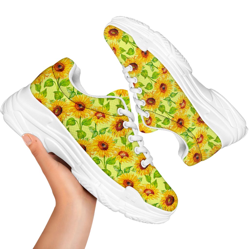 Beige Watercolor Sunflower Pattern Print White Chunky Shoes
