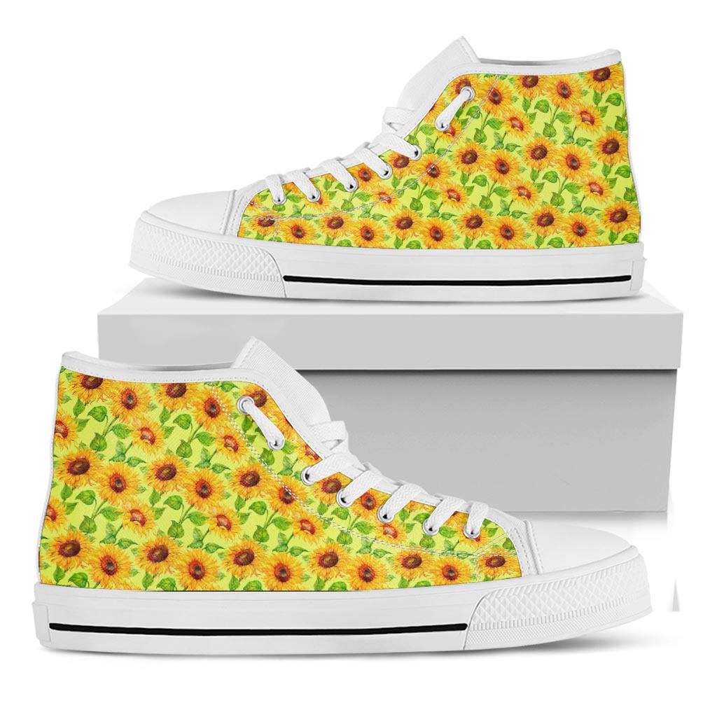 Beige Watercolor Sunflower Pattern Print White High Top Sneakers