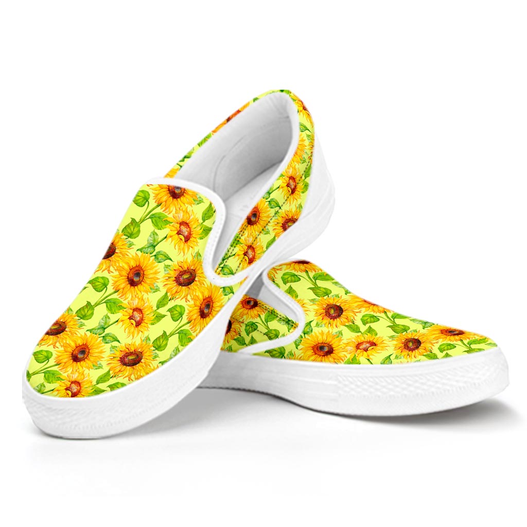 Beige Watercolor Sunflower Pattern Print White Slip On Sneakers