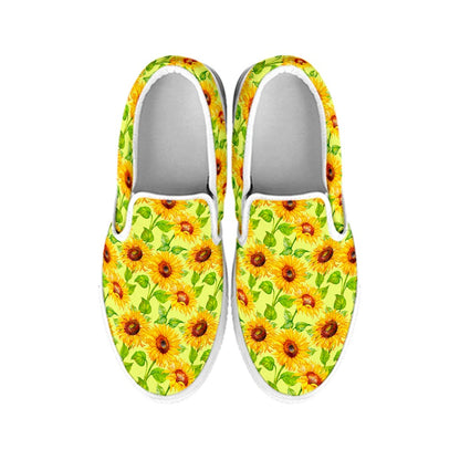 Beige Watercolor Sunflower Pattern Print White Slip On Sneakers