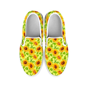 Beige Watercolor Sunflower Pattern Print White Slip On Sneakers