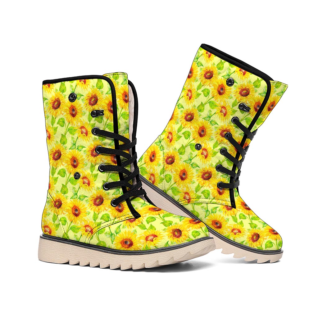 Beige Watercolor Sunflower Pattern Print Winter Boots