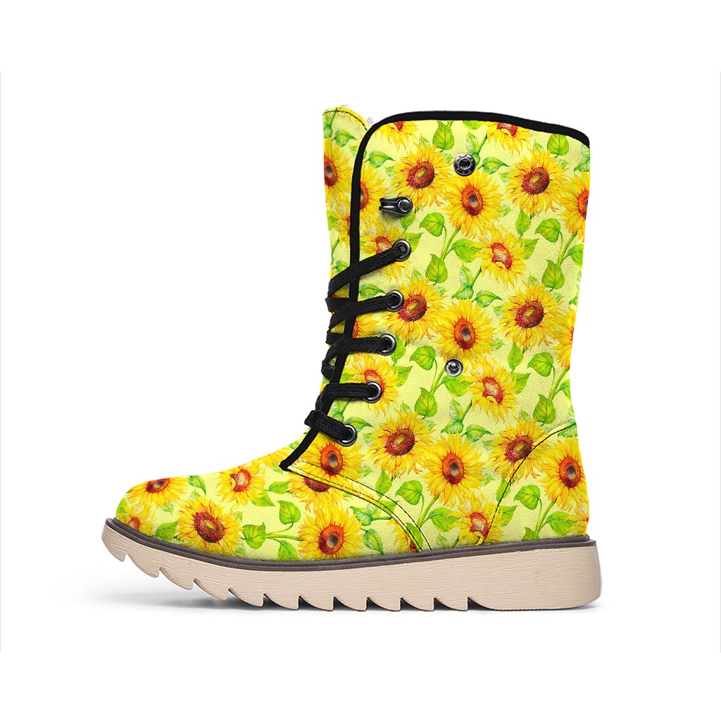 Beige Watercolor Sunflower Pattern Print Winter Boots