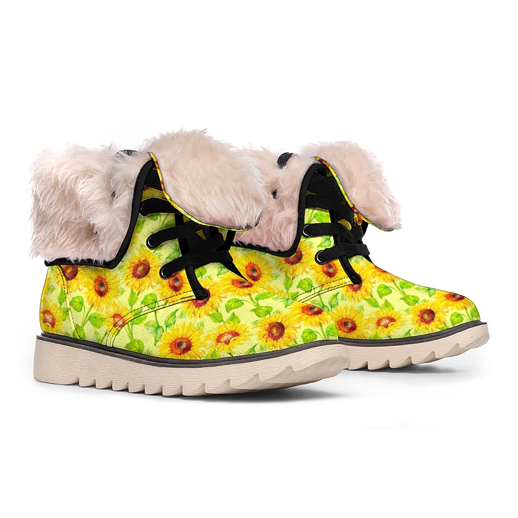 Beige Watercolor Sunflower Pattern Print Winter Boots