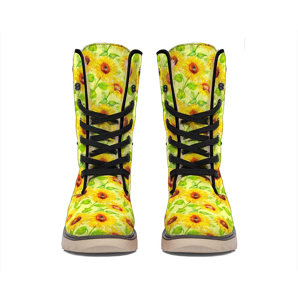 Beige Watercolor Sunflower Pattern Print Winter Boots