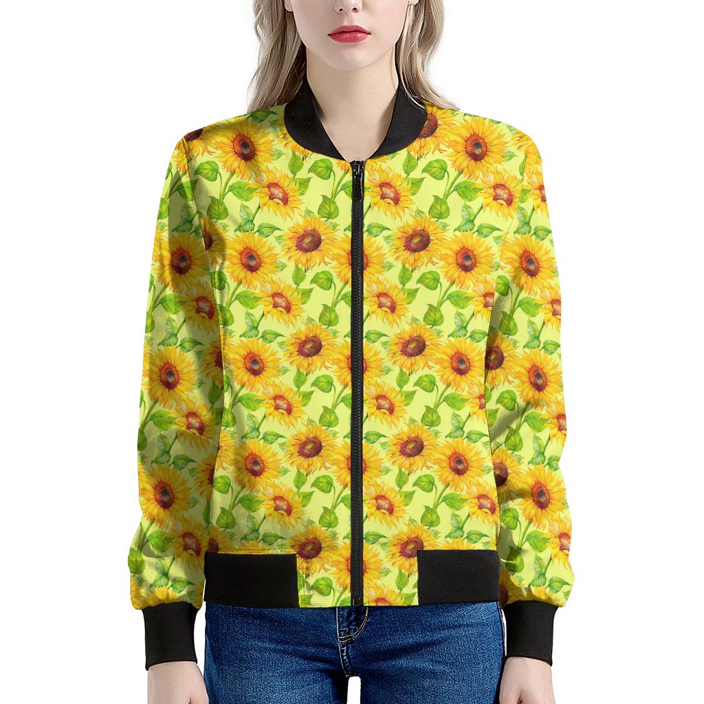 Beige Watercolor Sunflower Pattern Print Women's Bomber Jacket