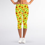 Beige Watercolor Sunflower Pattern Print Women's Capri Leggings