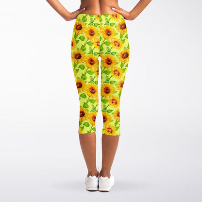 Beige Watercolor Sunflower Pattern Print Women's Capri Leggings