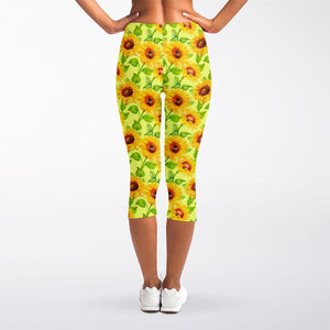 Beige Watercolor Sunflower Pattern Print Women's Capri Leggings