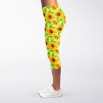 Beige Watercolor Sunflower Pattern Print Women's Capri Leggings