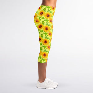 Beige Watercolor Sunflower Pattern Print Women's Capri Leggings