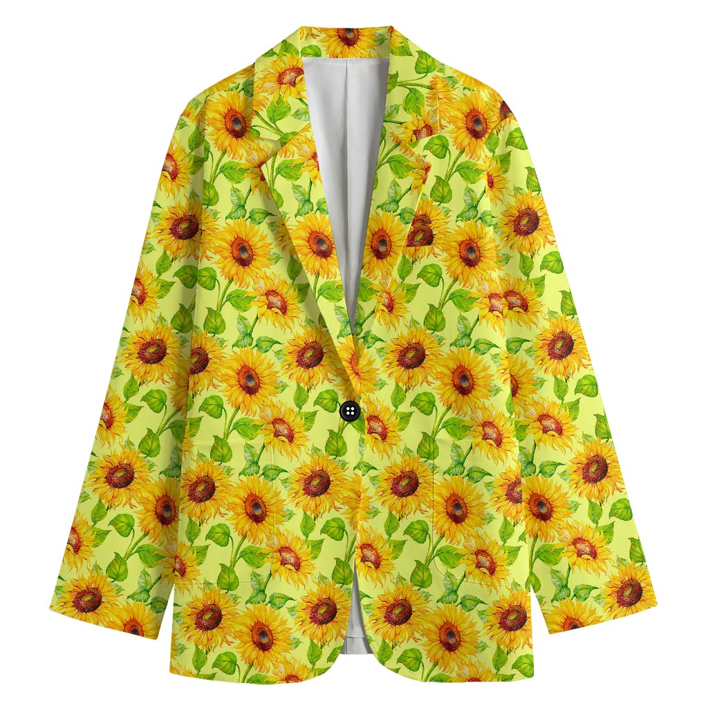 Beige Watercolor Sunflower Pattern Print Women's Cotton Blazer