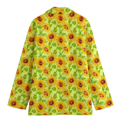 Beige Watercolor Sunflower Pattern Print Women's Cotton Blazer