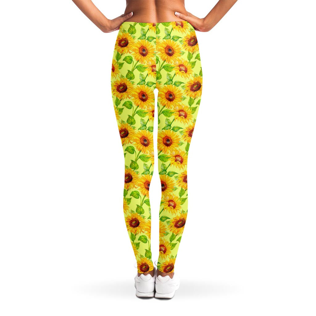 Beige Watercolor Sunflower Pattern Print Women's Leggings