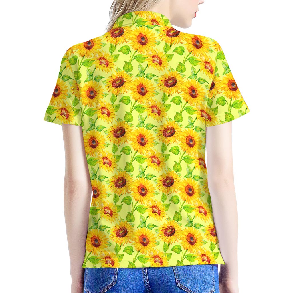 Beige Watercolor Sunflower Pattern Print Women's Polo Shirt