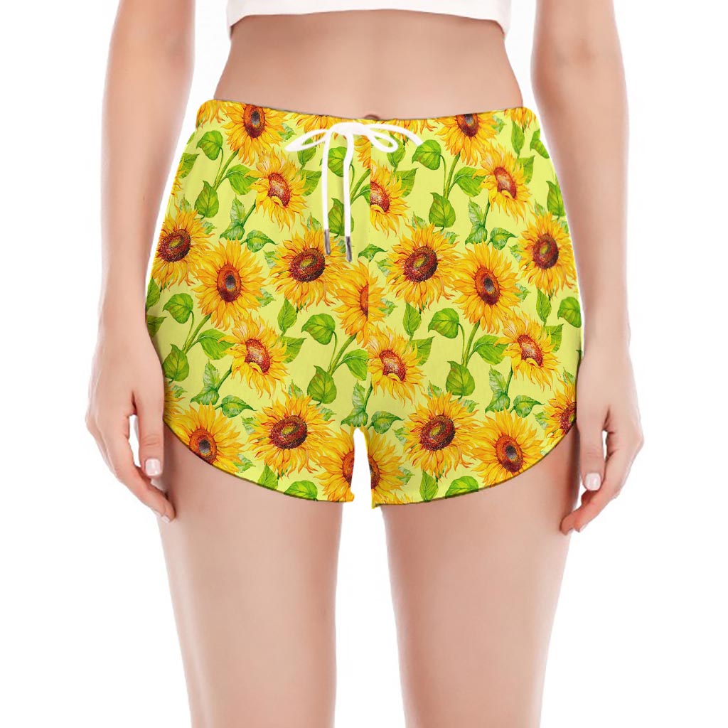 Beige Watercolor Sunflower Pattern Print Women's Split Running Shorts