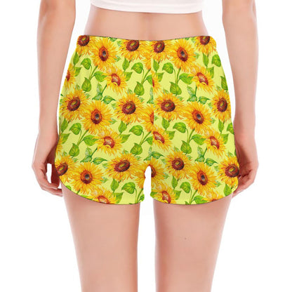 Beige Watercolor Sunflower Pattern Print Women's Split Running Shorts