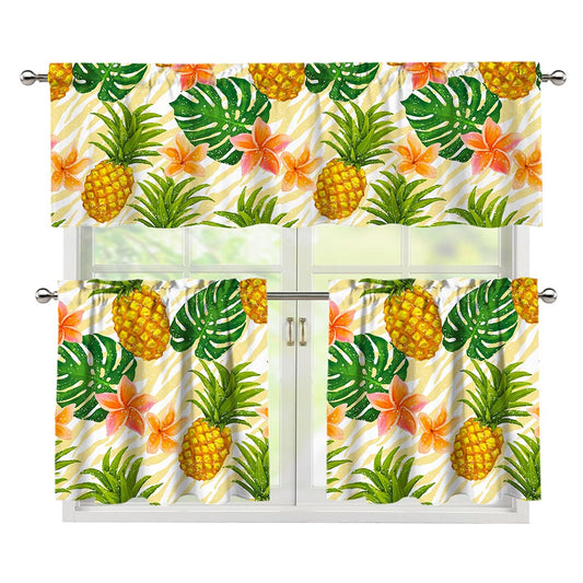Beige Zebra Pineapple Pattern Print 3 Piece Kitchen Curtains