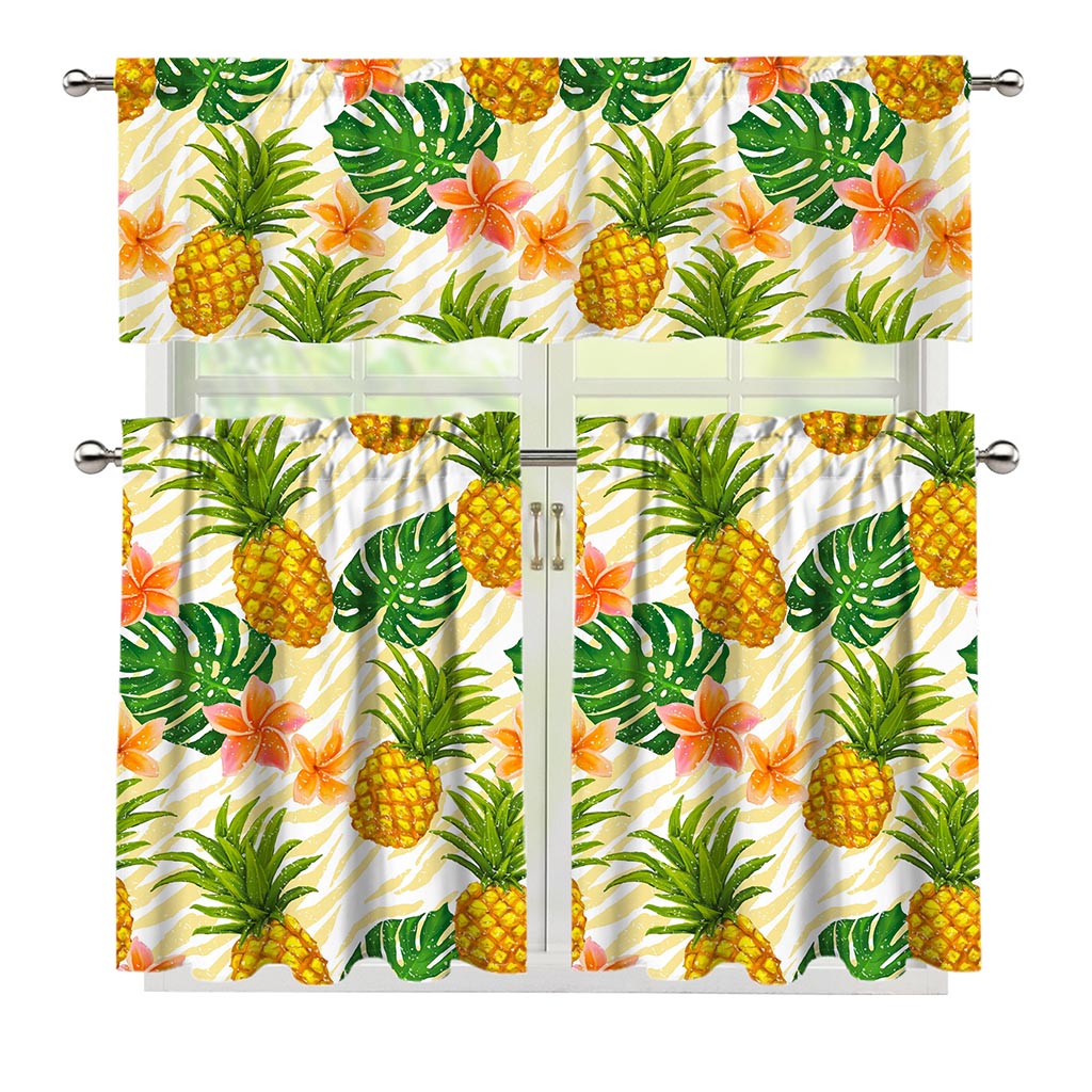Beige Zebra Pineapple Pattern Print 3 Piece Kitchen Curtains