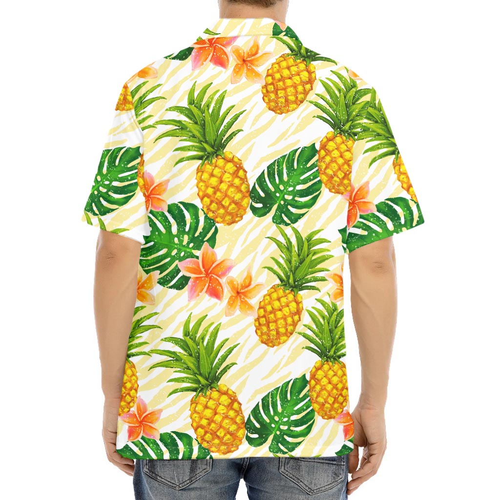 Beige Zebra Pineapple Pattern Print Aloha Shirt