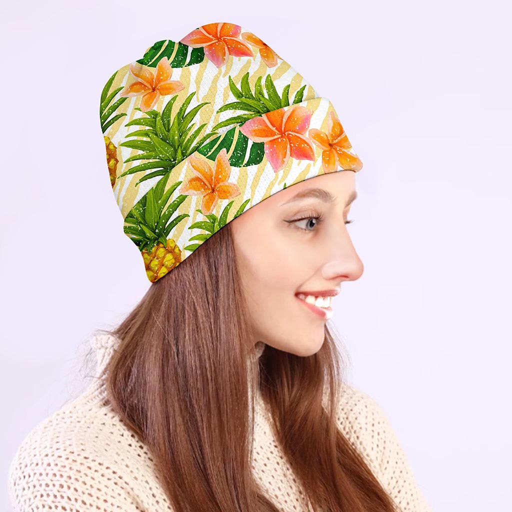 Beige Zebra Pineapple Pattern Print Beanie