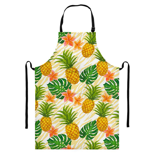 Beige Zebra Pineapple Pattern Print Bib Apron With Pocket