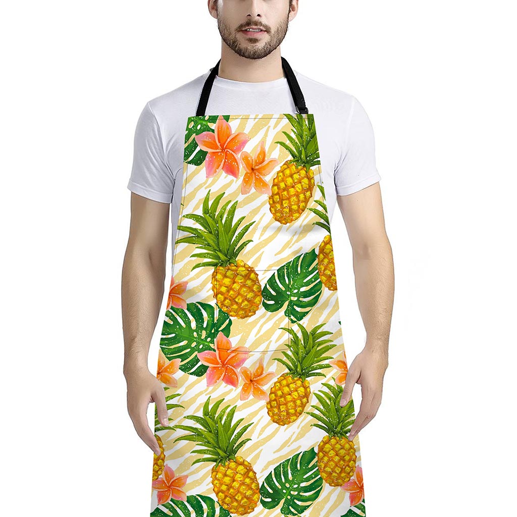 Beige Zebra Pineapple Pattern Print Bib Apron With Pocket