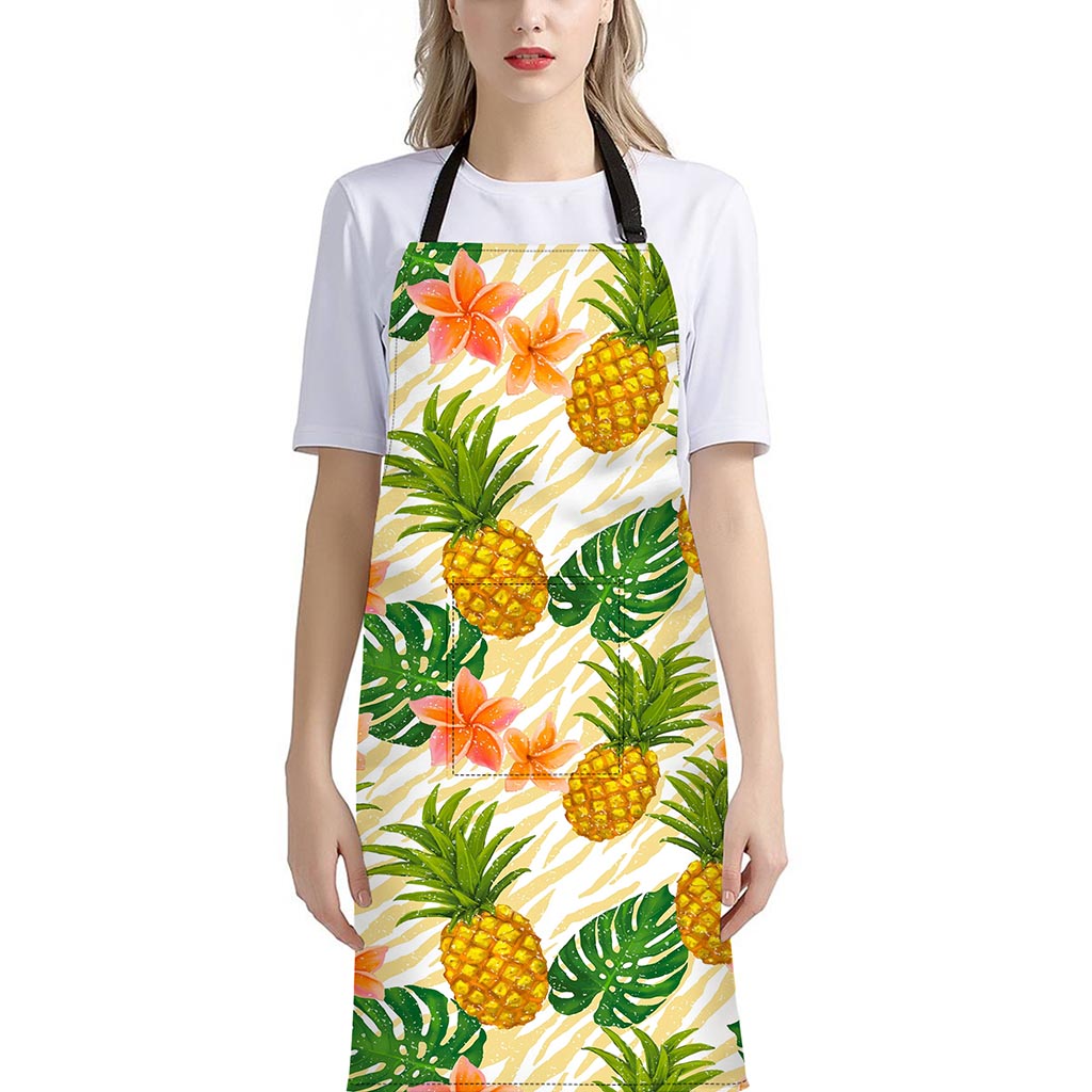 Beige Zebra Pineapple Pattern Print Bib Apron With Pocket