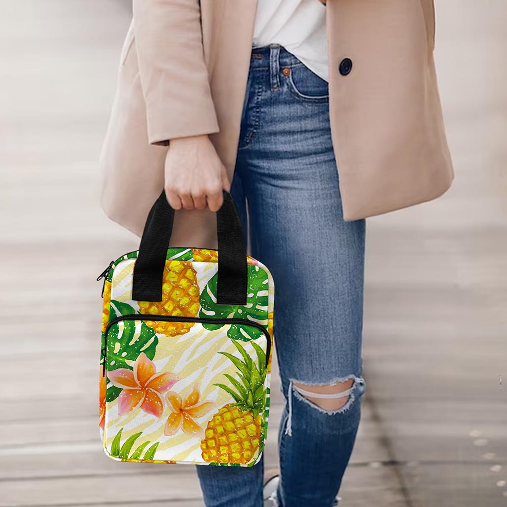 Beige Zebra Pineapple Pattern Print Bible Tote Bag