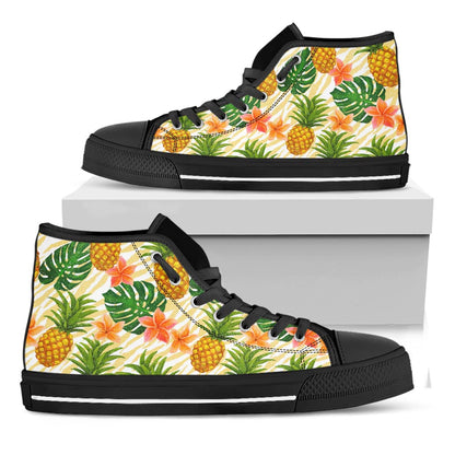 Beige Zebra Pineapple Pattern Print Black High Top Sneakers