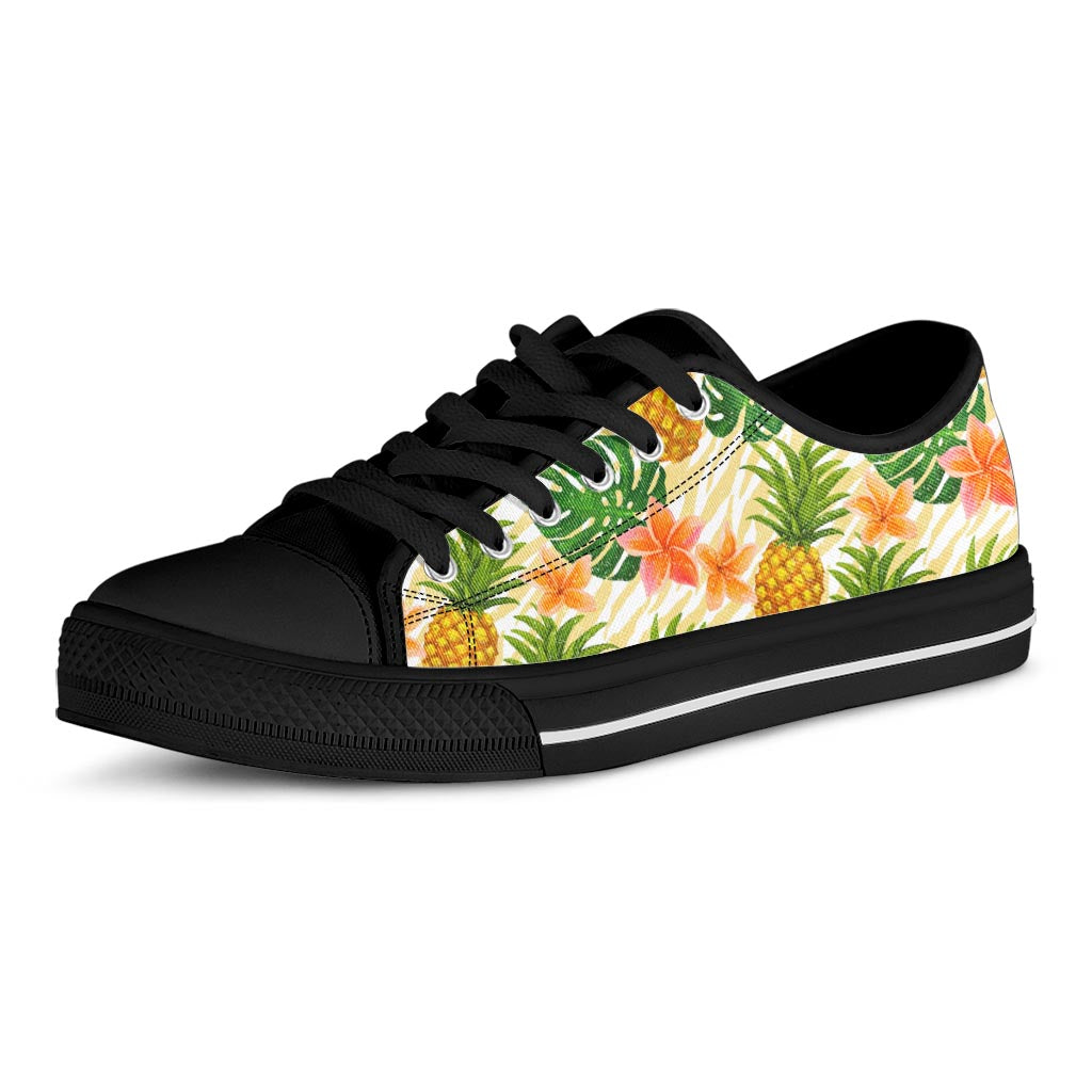 Beige Zebra Pineapple Pattern Print Black Low Top Sneakers
