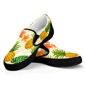 Beige Zebra Pineapple Pattern Print Black Slip On Sneakers