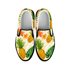 Beige Zebra Pineapple Pattern Print Black Slip On Sneakers