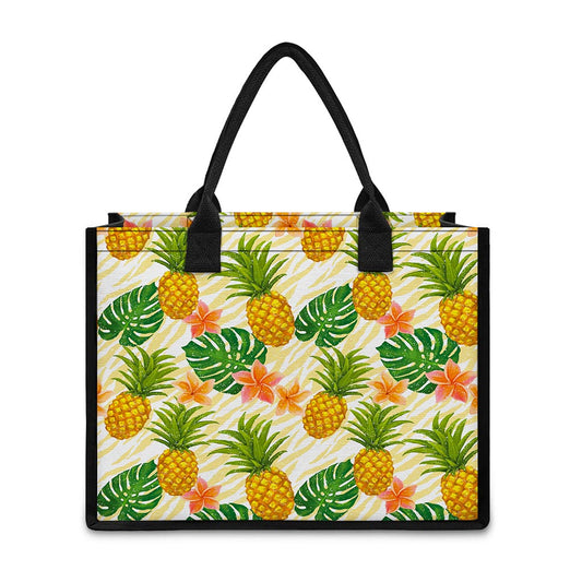 Beige Zebra Pineapple Pattern Print Canvas Tote Bag