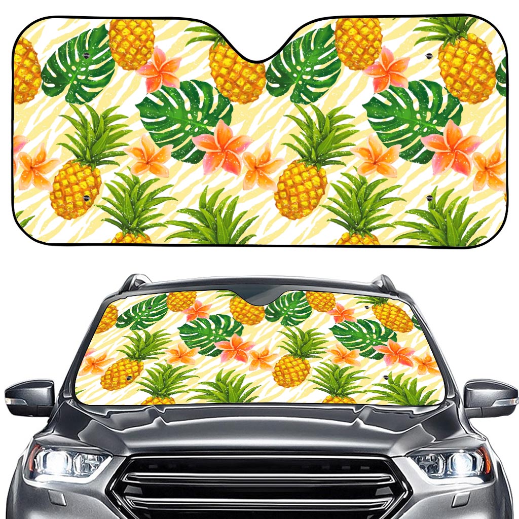 Beige Zebra Pineapple Pattern Print Car Windshield Sun Shade