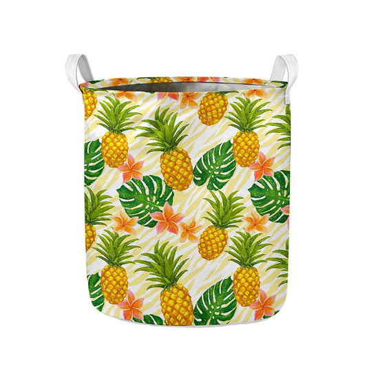 Beige Zebra Pineapple Pattern Print Collapsible Laundry Basket