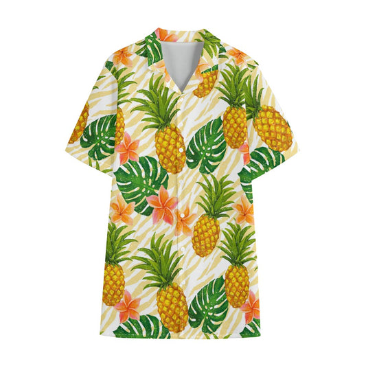 Beige Zebra Pineapple Pattern Print Cotton Hawaiian Shirt