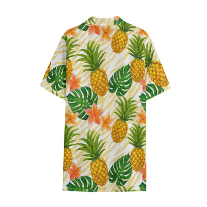 Beige Zebra Pineapple Pattern Print Cotton Hawaiian Shirt