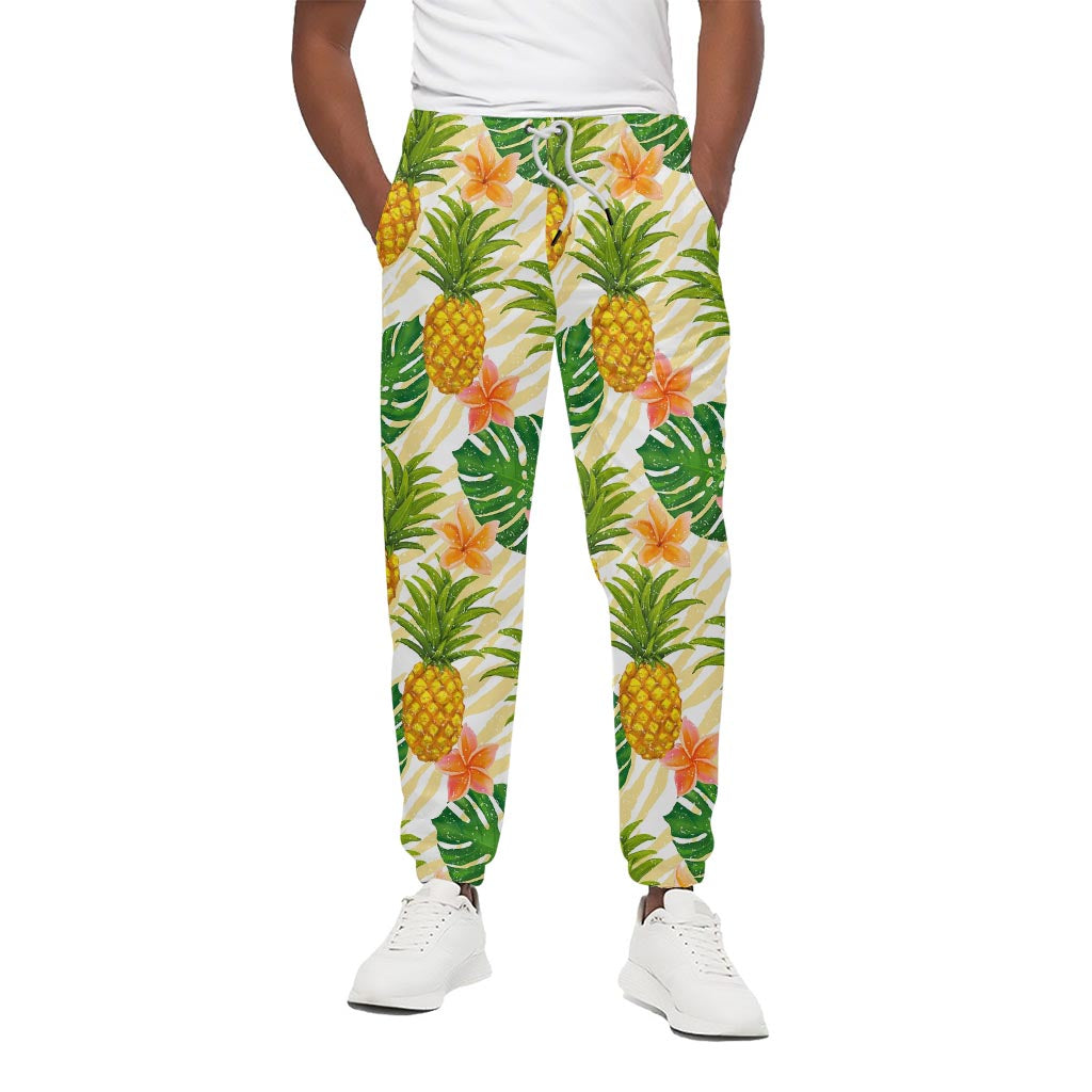 Beige Zebra Pineapple Pattern Print Cotton Pants