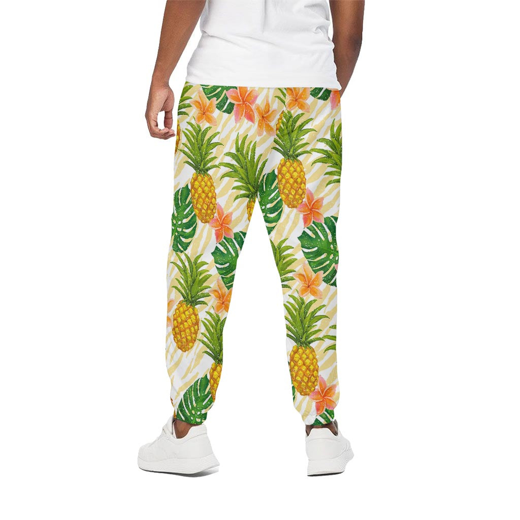 Beige Zebra Pineapple Pattern Print Cotton Pants