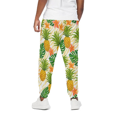 Beige Zebra Pineapple Pattern Print Cotton Pants