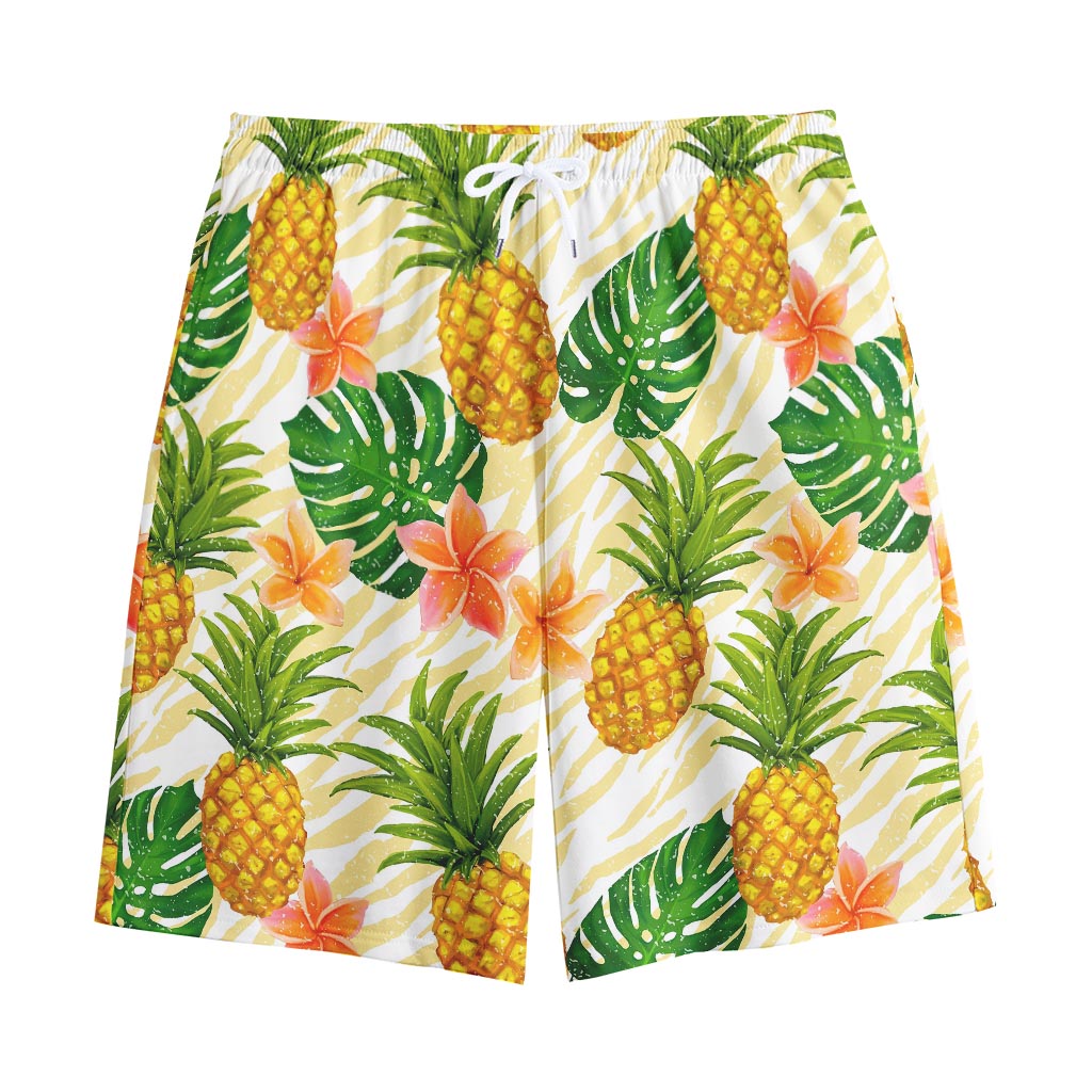 Beige Zebra Pineapple Pattern Print Cotton Shorts