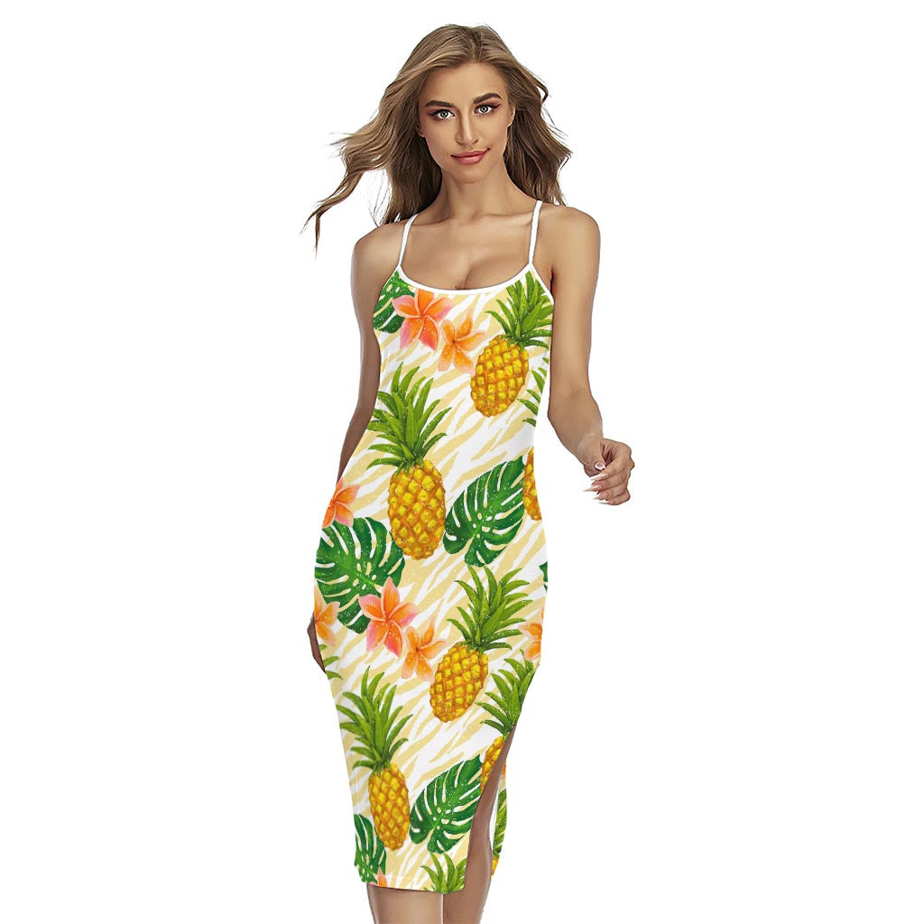 Beige Zebra Pineapple Pattern Print Cross Back Cami Dress