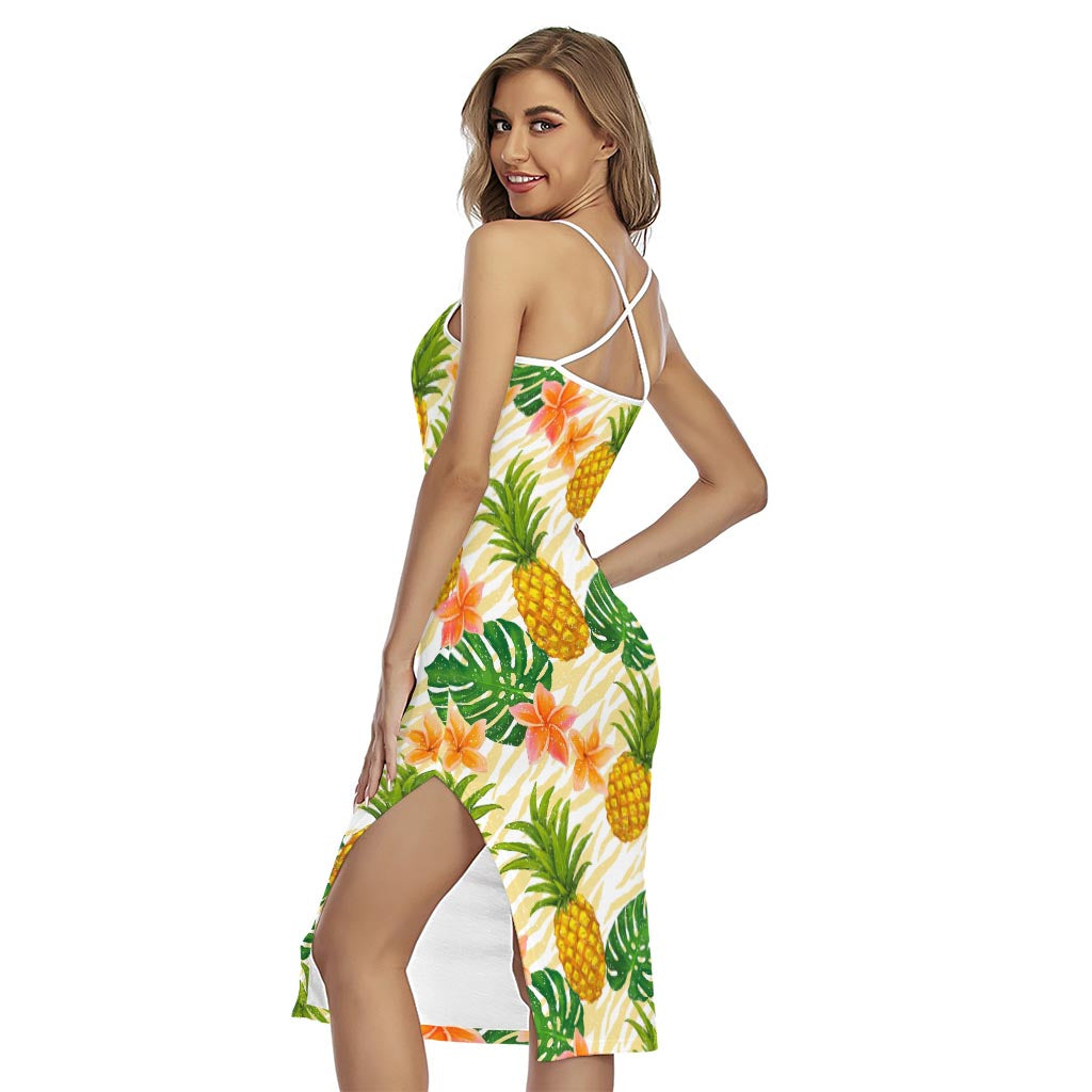 Beige Zebra Pineapple Pattern Print Cross Back Cami Dress
