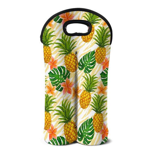 Beige Zebra Pineapple Pattern Print Double Neoprene Wine Tote